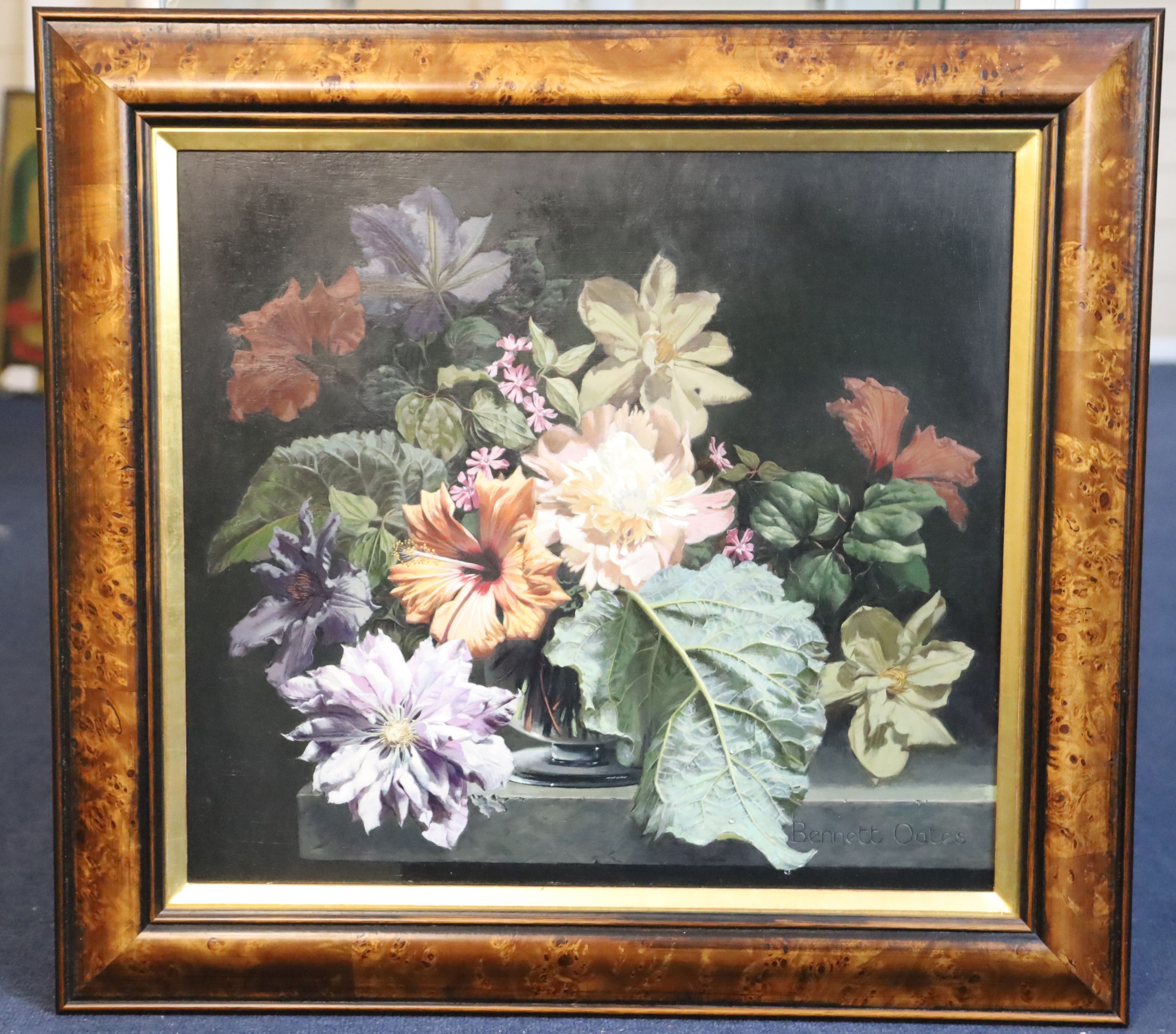 § G. Bennett Oates (1928-2009) Hibiscus and clematis 18.5 x 20.5in.